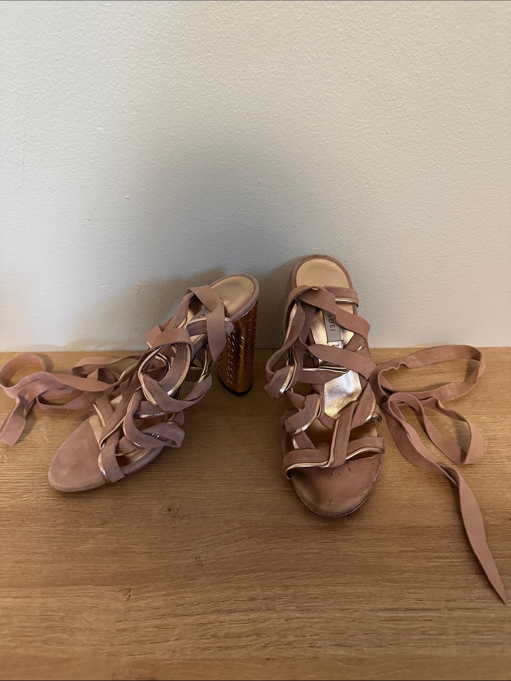 GUC Casadei Pink Strappy Wrap Heels with Rose Gold Trim